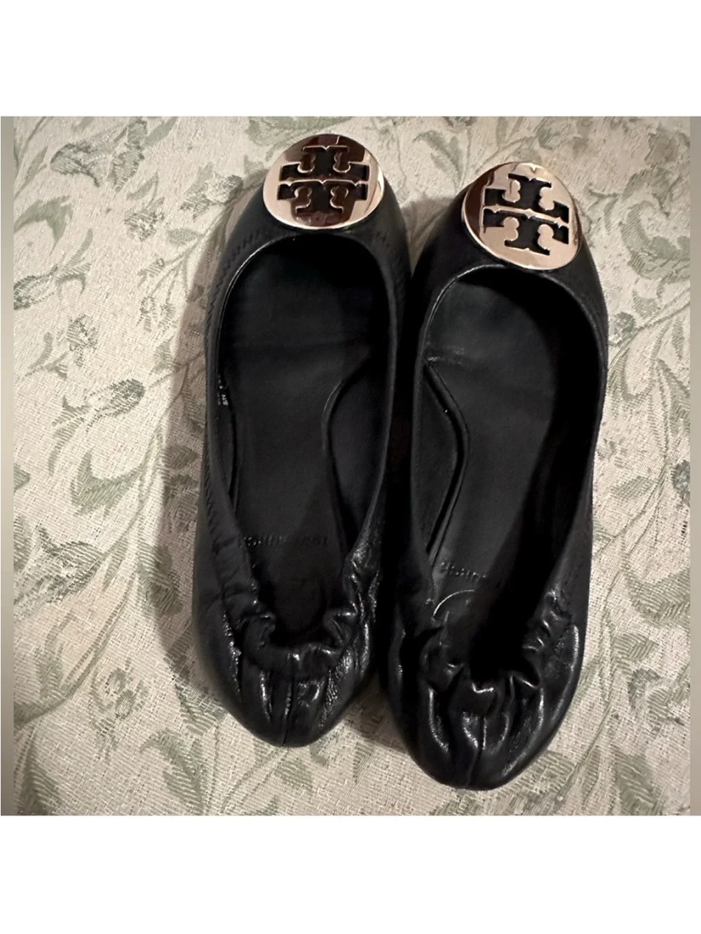 Tory Burch Black Leather Ballet Flats with Gold Logo Medallion
